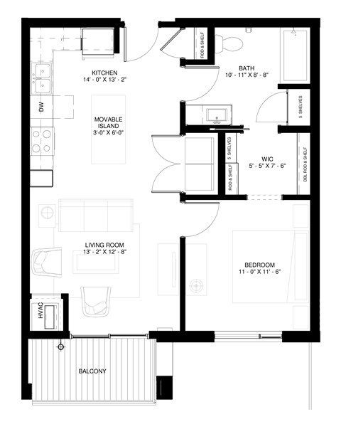 Floor plan for 1 bed, 1 bath, 715 sqft